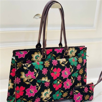 Crimson Blossom Cotton Tote Bag Set with Coordinating Pouch
