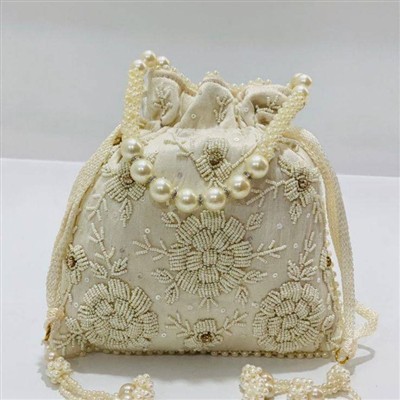 Cream Gota Patti Silk Potli Bag with Pearl Embellishments