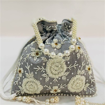 Gray Gota Patti Pearl Embellished Silk Drawstring Potli Bag
