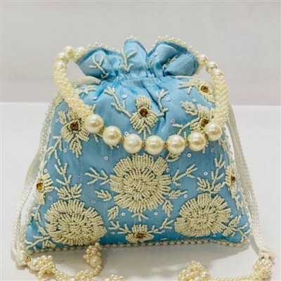 Sky Blue Floral Gota Patti Silk Drawstring Potli Bag