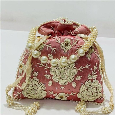 Dusty Rose Gota Patti Silk Potli Bag with Pearl Embellishments