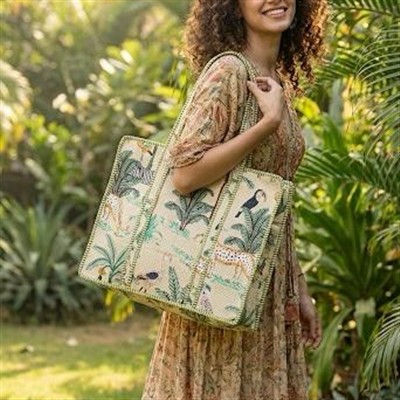 Sage Botanical Bliss Canvas Tote Handbag with Avian Delight