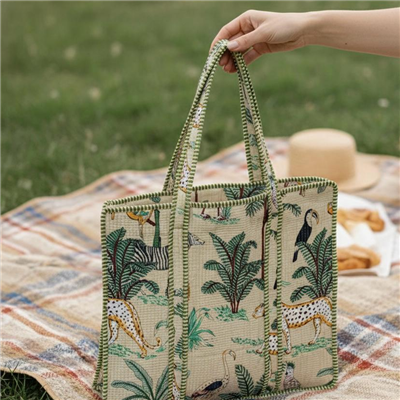 Sage Botanical Bliss Canvas Tote Handbag with Avian Delight