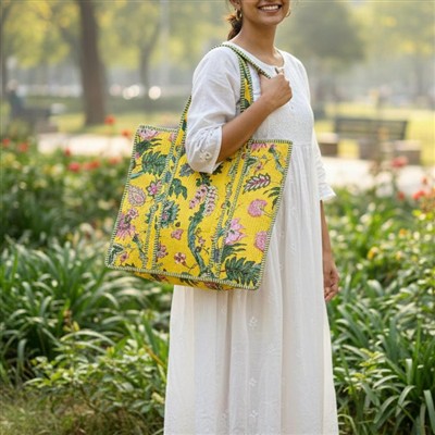 Sunny Meadow Quilted Cotton Tote Bag with Floral Burst