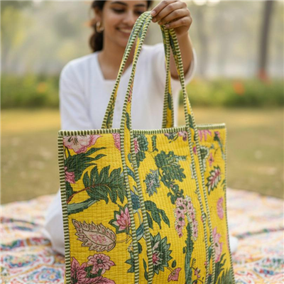 Sunny Meadow Quilted Cotton Tote Bag with Floral Burst