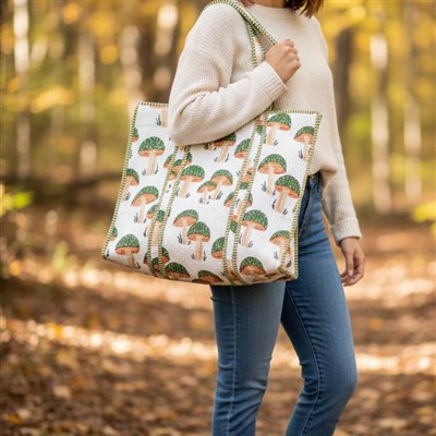 Mushroom Magic Green Stitched Canvas Tote Bag