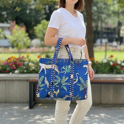 Azure Wildlife Quilted Cotton Tote Bag with Animal Print