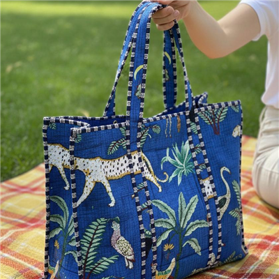 Azure Wildlife Quilted Cotton Tote Bag with Animal Print