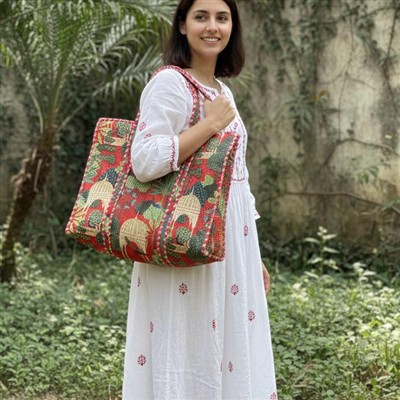 Crimson Blossom Handwoven Tote Bag in Cotton Fabric