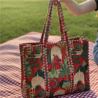 Crimson Blossom Handwoven Tote Bag in Cotton Fabric