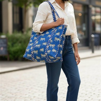 Sapphire Tiger Dream Handblock Tote in Quilted Cotton
