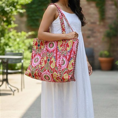 Magenta Blossom Floral Cotton Tote Bag with Quilted Texture