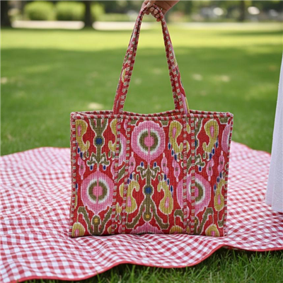 Magenta Blossom Floral Cotton Tote Bag with Quilted Texture