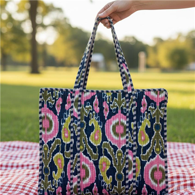 Emerald Harmony Quilted Cotton Tote Bag with Vibrant Ethnic Patterns