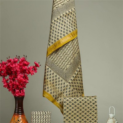 Golden Sunset Maheshwari Silk Suit with Intricate Floral and Wavy Patterns