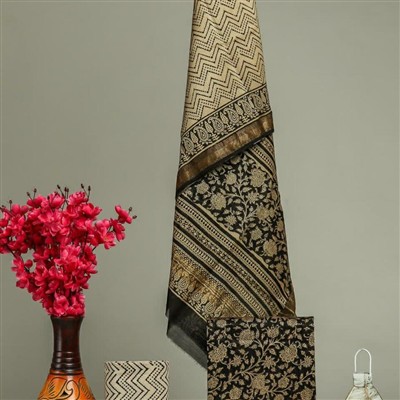 Mustard Bloom Hand Block Printed Maheshwari Silk Suit Set