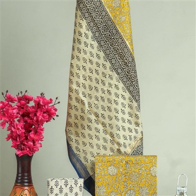 Mustard Bloom Hand Block Maheshwari Silk Ensemble