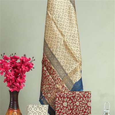 Indigo Bloom Geometric Block Print Maheshwari Silk Ensemble