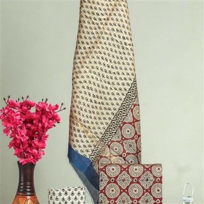 Cream and Red Floral Block Maheshwari Silk Suit Ensemble