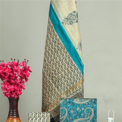Turquoise Bloom Paisley Block Maheswari Silk Ensemble
