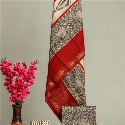 Crimson Bloom Cotton Maheshwari Silk Suit Set