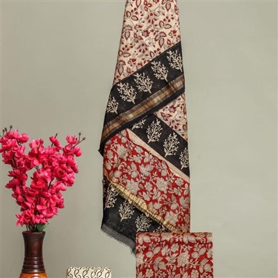 Cream Floral Block Print Cotton Maheshwari Silk Suit Set