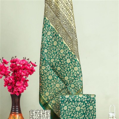 Teal Green Floral Elegance Maheshwari Silk Ensemble