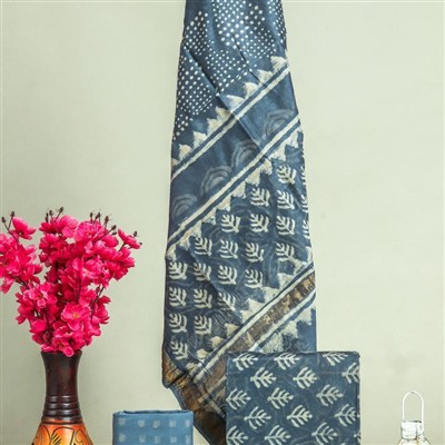 Indigo Blossom Cotton Maheshwari Silk Ensemble