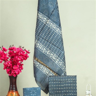 Azure Blossom Cotton Maheshwari Silk Suit Ensemble