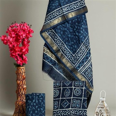 Indigo Blue Floral Cotton Maheswari Silk Suit Set