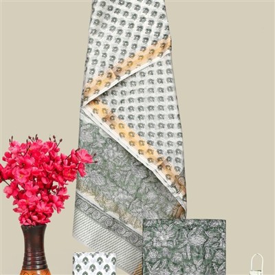 Green and White Floral Block Print Maheswari Silk Suit Set