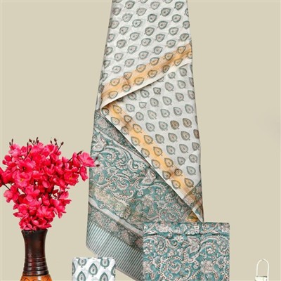 Teal Paisley and Beige Floral Maheshwari Silk Ensemble