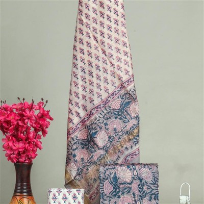 Pink and Blue Floral Maheshwari Silk Dress Material Set