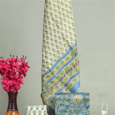 Emerald and Sunshine Floral Maheswari Silk Ensemble