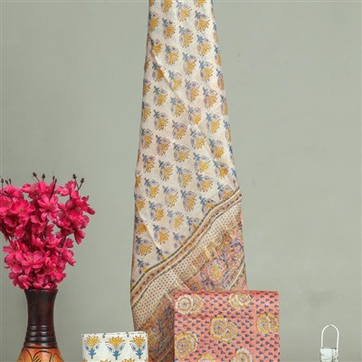 Sunshine Yellow and Peach Floral Maheshwari Silk Ensemble