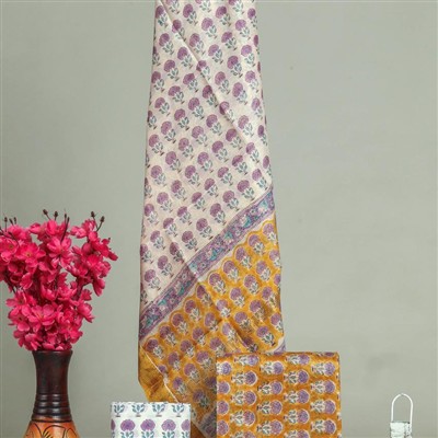 Saffron Bloom Floral Cotton Maheswari Silk Suit Set