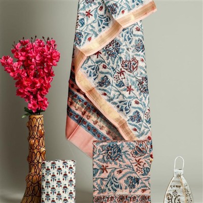 Golden Maroon Floral Maheswari Silk Ensemble with Blue Accents