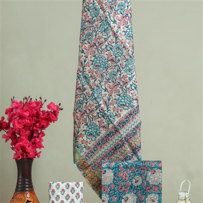 Teal Blossom Cotton Maheswari Silk Ensemble Set