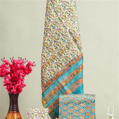 Sage Green Paisley Cotton Maheswari Silk Ensemble