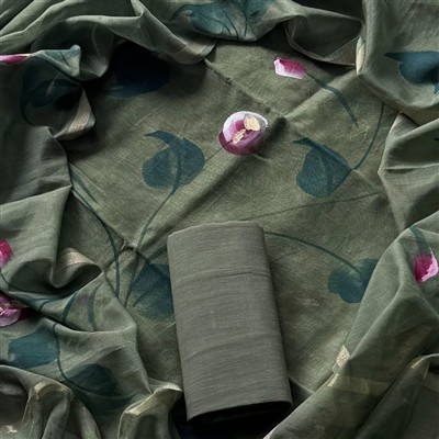 Sage Green Floral Bouquet Chanderi Silk Dress Material Set