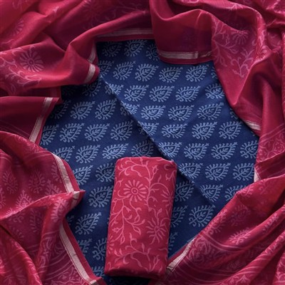 Magenta Vine Blossom Chanderi Silk Ensemble with Leaf Motif