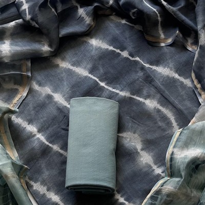 Indigo Tie-Dye Chanderi Silk Ensemble with Golden Border