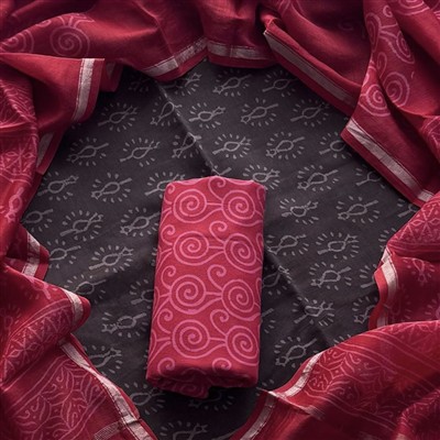 Crimson Swirl Chanderi Silk Ensemble with Silver Accents