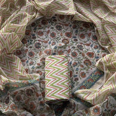 Saffron Bloom Hand Block Chanderi Silk Suit Fabric Set