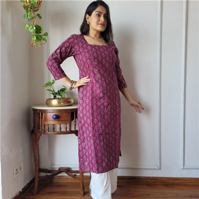 Deep Maroon Geometric Cotton Block Printed Kurti Set