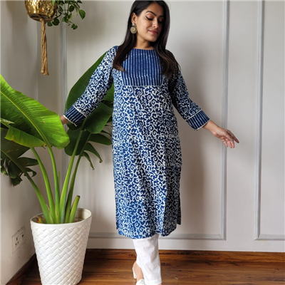 Sky Blue Floral Vine Cotton Block Printed Kurta with Striped Accents and Matching Pants