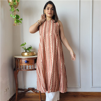 Terracotta Zigzag Striped Cotton A-Line Kurta Set