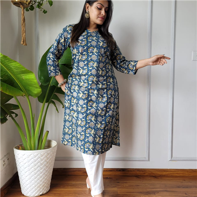 Indigo Floral Bliss Cotton Block Print Kurti Set