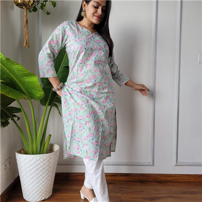 Mint Green Blossom Cotton Block Print Kurti with Floral Pattern Detailing