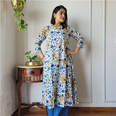 Indigo Mustard Floral Cotton Kurta Set